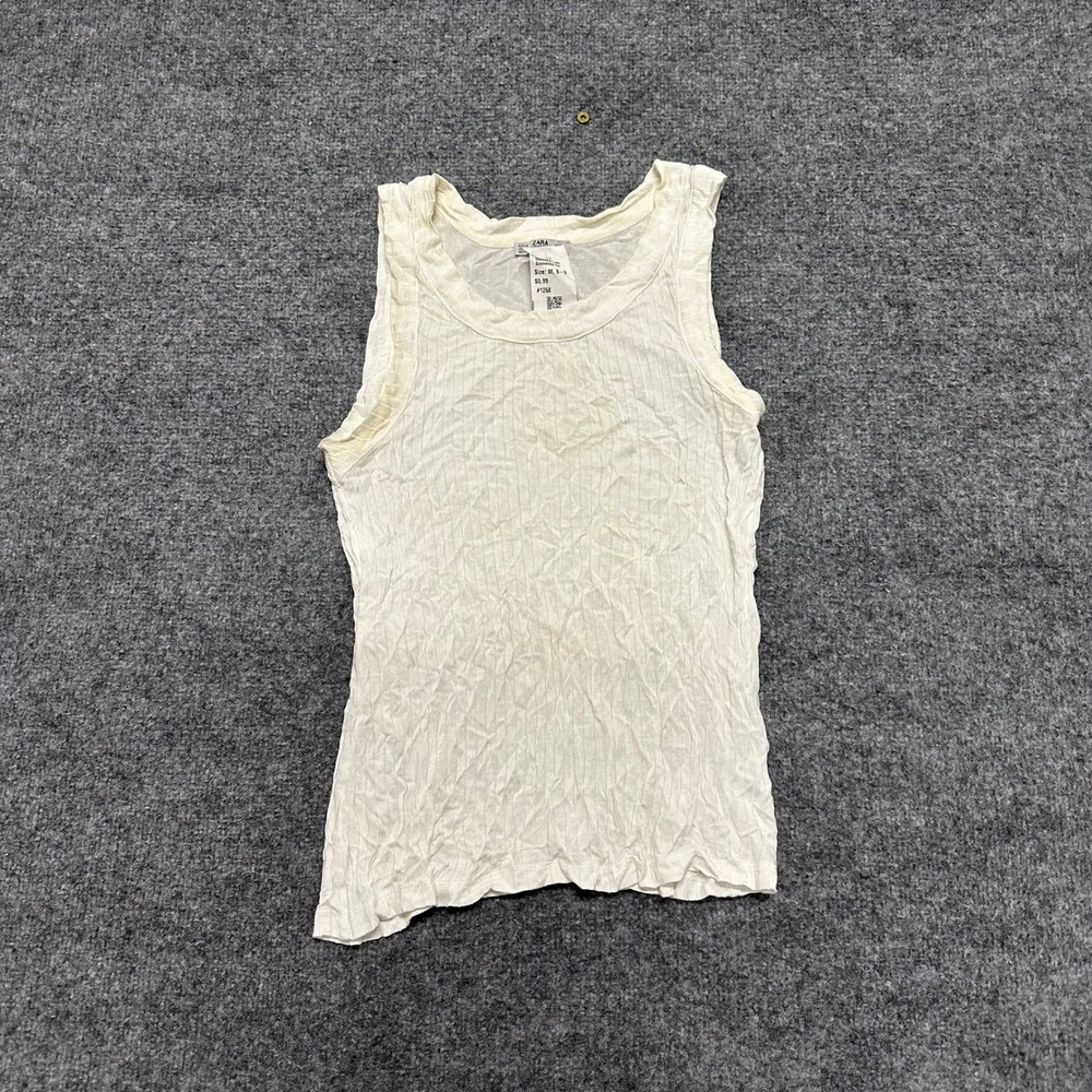 Zara Tank Top Womens Size M White Ribbed Viscose Textured Basic Slim Stains